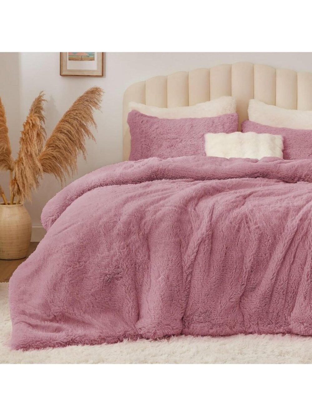 Dusty Pink Fluffy King Comforter Set | Cozy Faux Fur Bedding | Soft & Warm